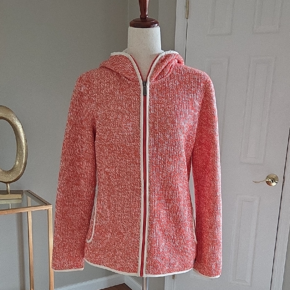 Merrell Textured Knit Zip Up Hooded Fleece Jacket Coral White M